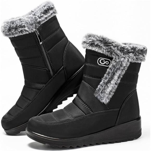 Women's Winter Snow Boots: Warm Fur Lined Zipper Ankle Booties, Black